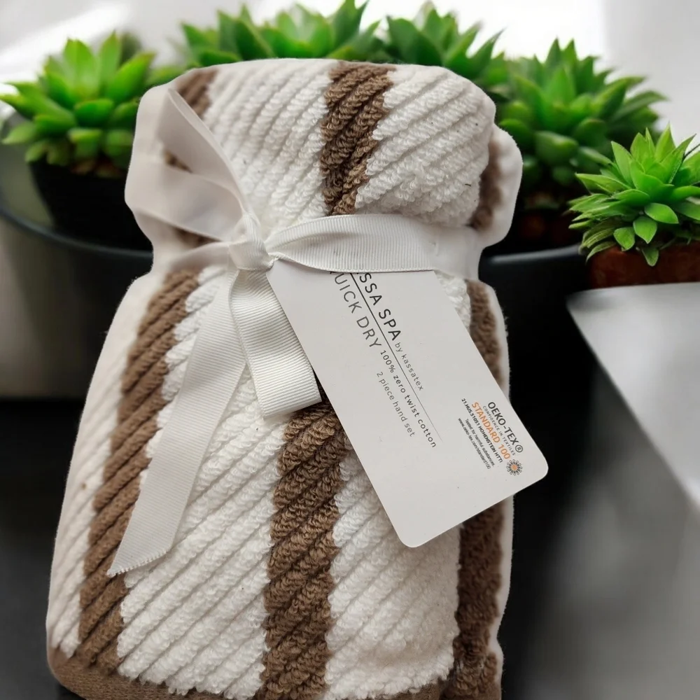 Kassa Spa Quick Dry Set of 2 Cotton Bathroom Striped Hand Towel Brown White